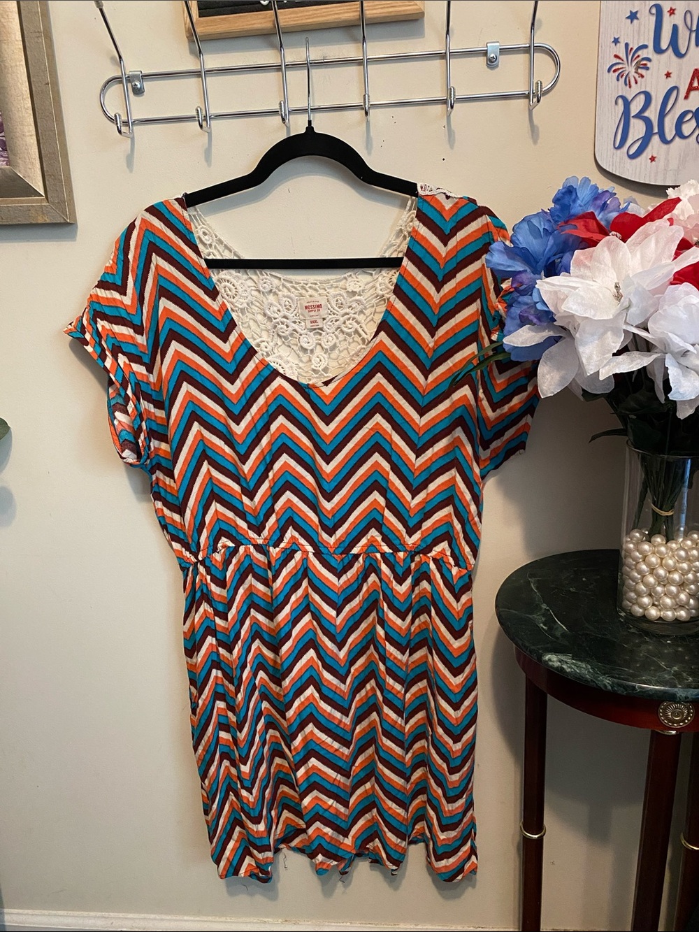 Mossimo Lace-Back Chevron Round Neck Dress in Teal, Orange & White Sz XXL